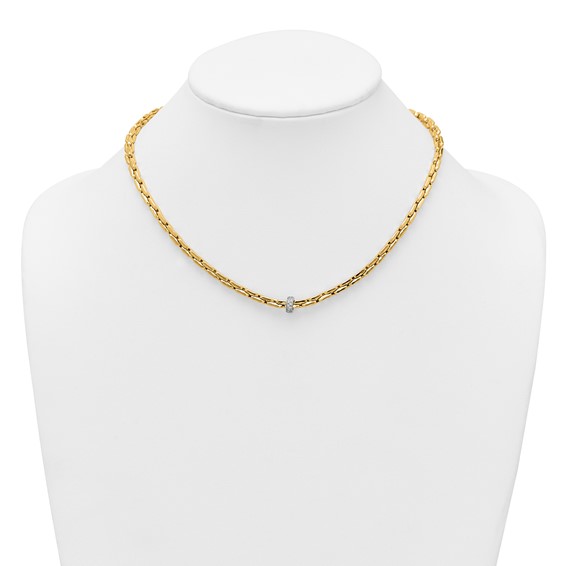 14k Two-tone Polished Fancy Link with CZ Bead 17 inch Necklace