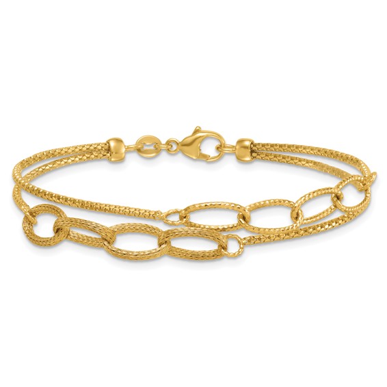 14K Polished and Textured Woven Double Strand with Oval Links 7.25 inch Bracelet