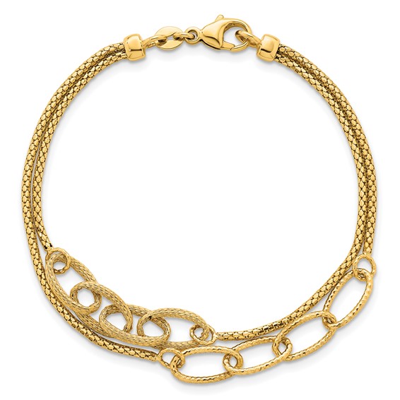 14K Polished and Textured Woven Double Strand with Oval Links 7.25 inch Bracelet