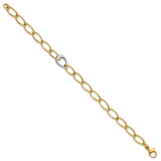14k Two Tone Polished 6.5mm Fancy Curb Link With Teardrop 7.75 inch Bracelet