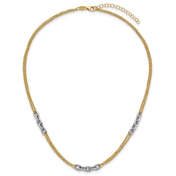 14K Two-Tone Polished 4.8mm Fancy Oval Link and Double Strand Chain 17 inch Necklace Plus 2 inch Extender