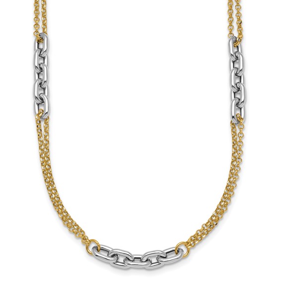 14K Two-Tone Polished 4.8mm Fancy Oval Link and Double Strand Chain 17 inch Necklace Plus 2 inch Extender