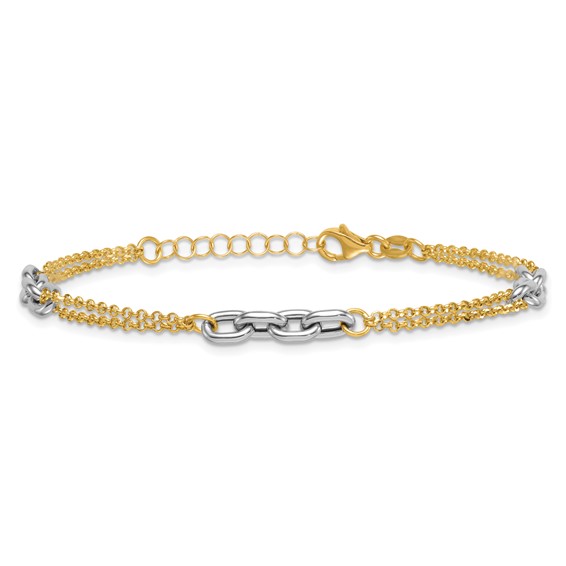 14K Two-Tone Polished Fancy Oval Link and Double Strand Chain 7.25 inch with 1 inch extension Bracelet