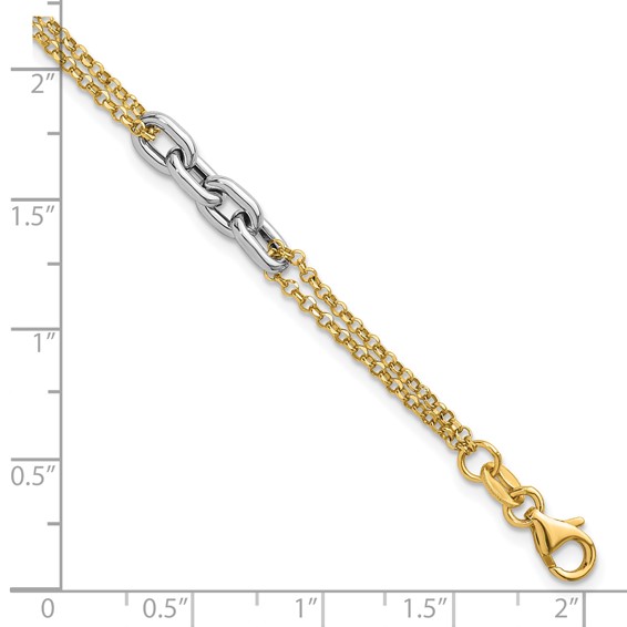 14K Two-Tone Polished Fancy Oval Link and Double Strand Chain 7.25 inch with 1 inch extension Bracelet