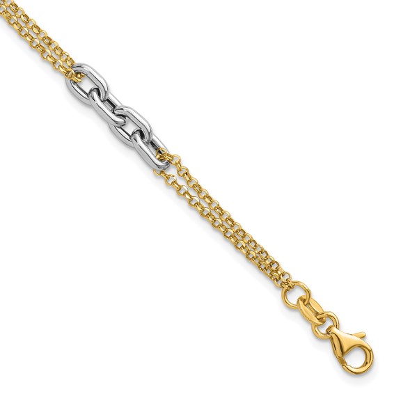 14K Two-Tone Polished Fancy Oval Link and Double Strand Chain 7.25 inch with 1 inch extension Bracelet