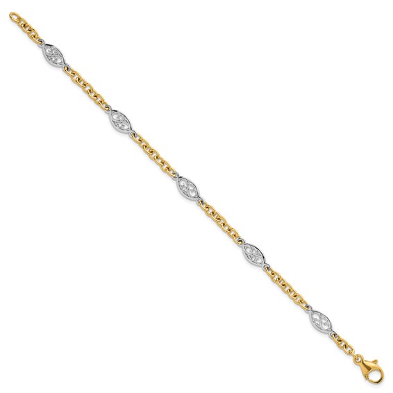 14k Two-tone Polished 6.5mm Fancy Cable Chain and Filigree Oval 7.25 inch Bracelet