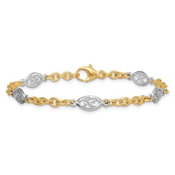 14k Two-tone Polished 6.5mm Fancy Cable Chain and Filigree Oval 7.25 inch Bracelet
