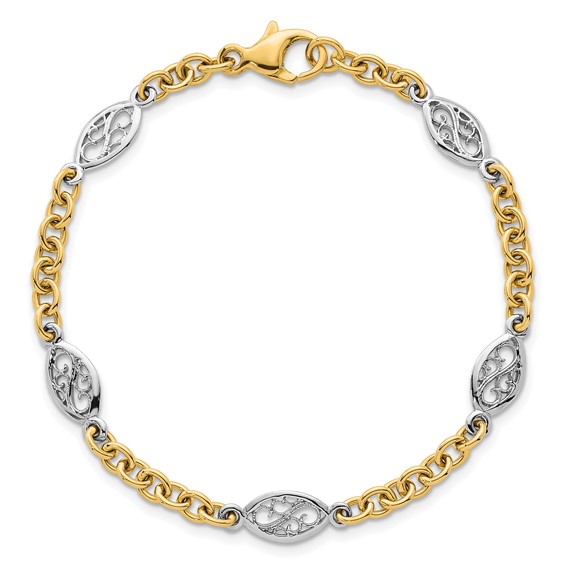 14k Two-tone Polished 6.5mm Fancy Cable Chain and Filigree Oval 7.25 inch Bracelet