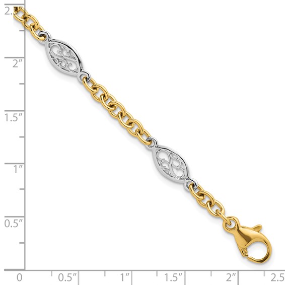 14k Two-tone Polished 6.5mm Fancy Cable Chain and Filigree Oval 7.25 inch Bracelet