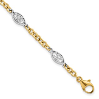 14k Two-tone Polished 6.5mm Fancy Cable Chain and Filigree Oval 7.25 inch Bracelet