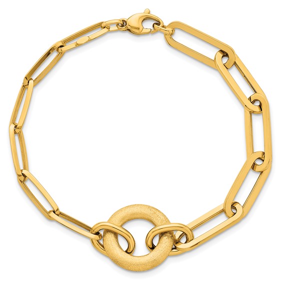 14k Polished And Brushed Paperclip Link With Circle 8 inch Bracelet