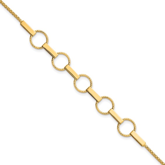 14K Polished and Textured Circles and Bars 7.5 inch Bracelet