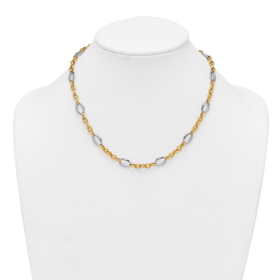 14k Two Tone Polished Oval and Cable Chain 18 inch Necklace