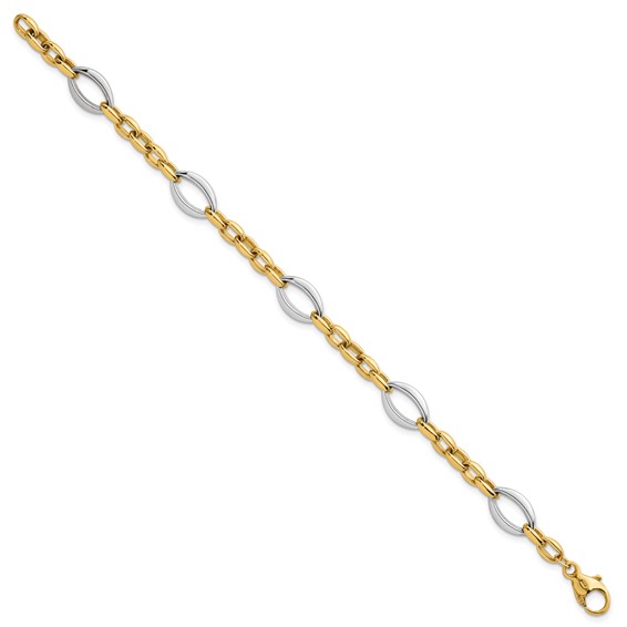 14k Two Tone Polished Oval and Cable Chain 7.25 inch Bracelet