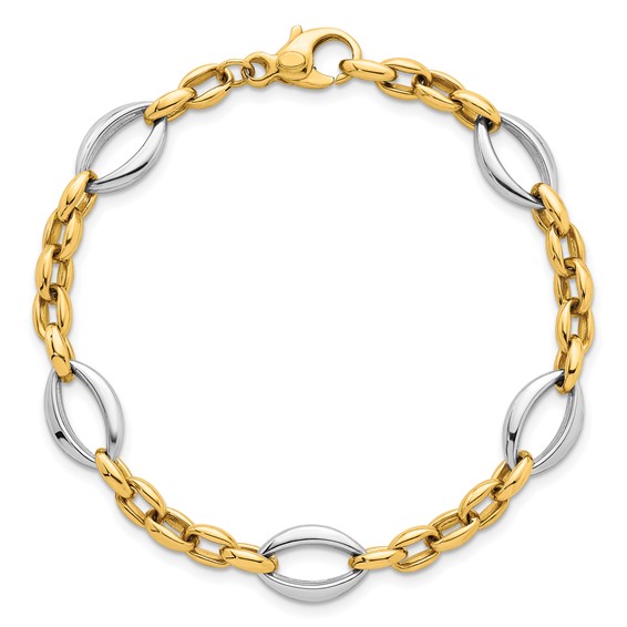 14k Two Tone Polished Oval and Cable Chain 7.25 inch Bracelet