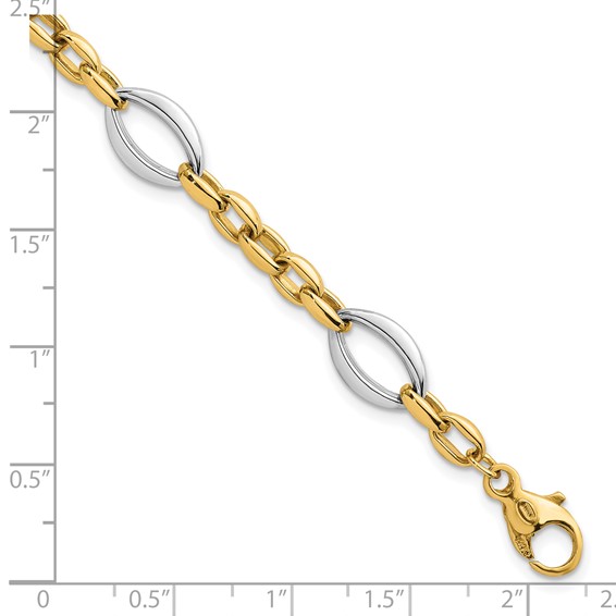 14k Two Tone Polished Oval and Cable Chain 7.25 inch Bracelet