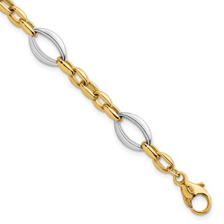 14k Two Tone Polished Oval and Cable Chain 7.25 inch Bracelet