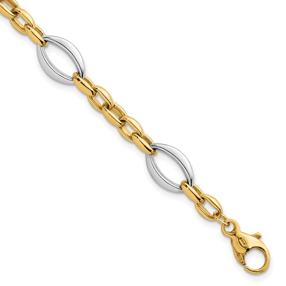 14k Two Tone Polished Oval and Cable Chain 7.25 inch Bracelet