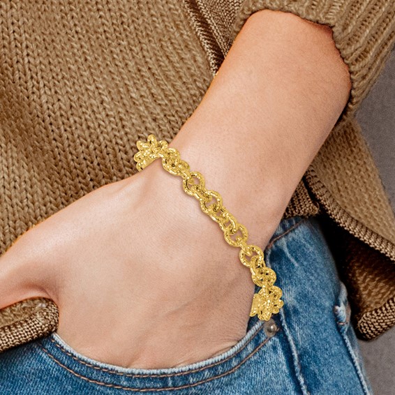 14k Polished and Textured 7.3mm Cable Chain 7.5 inch Bracelet