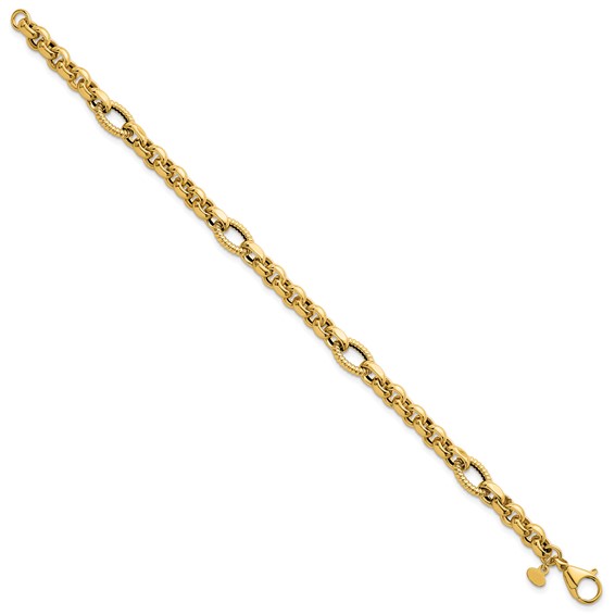 14k Polished and Textured Rolo and Oval Fancy Chain 7.5 inch Bracelet