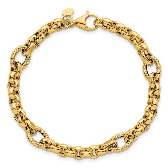14k Polished and Textured Rolo and Oval Fancy Chain 7.5 inch Bracelet