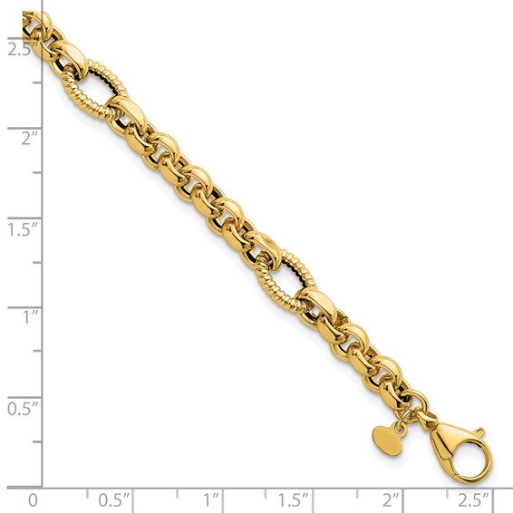 14k Polished and Textured Rolo and Oval Fancy Chain 7.5 inch Bracelet