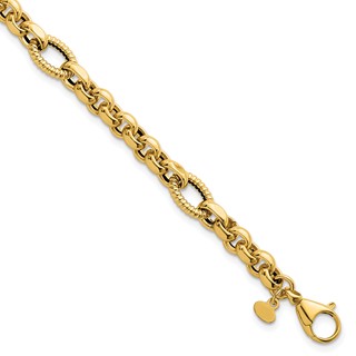 14k Polished and Textured Rolo and Oval Fancy Chain 7.5 inch Bracelet