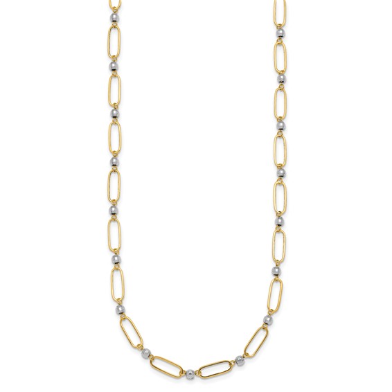 14k Two-tone Polished Paperclip Links and Faceted Beads 18 inch Necklace