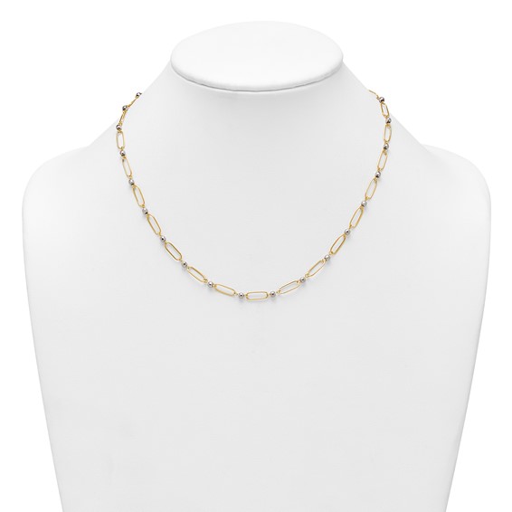 14k Two-tone Polished Paperclip Links and Faceted Beads 18 inch Necklace