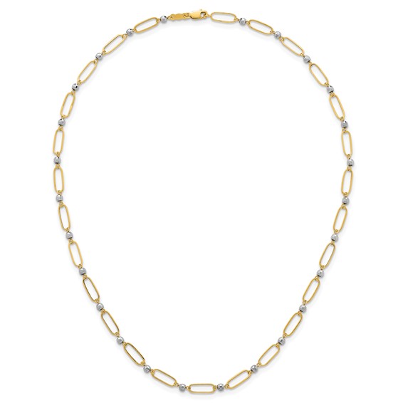14k Two-tone Polished Paperclip Links and Faceted Beads 18 inch Necklace