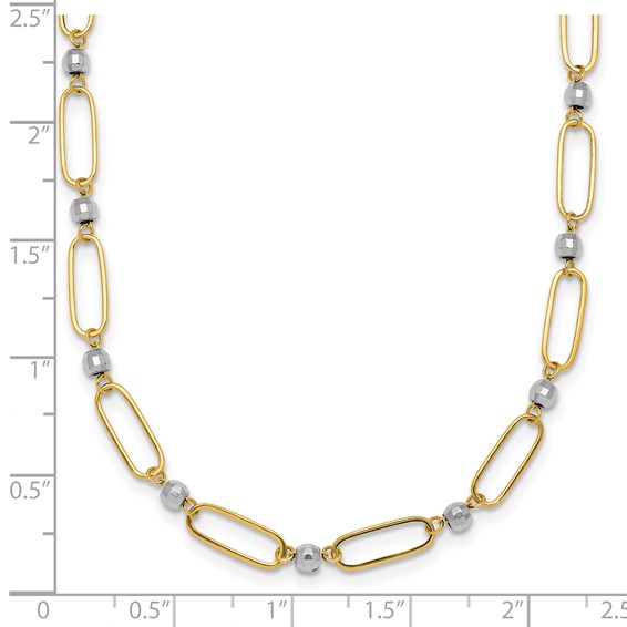14k Two-tone Polished Paperclip Links and Faceted Beads 18 inch Necklace