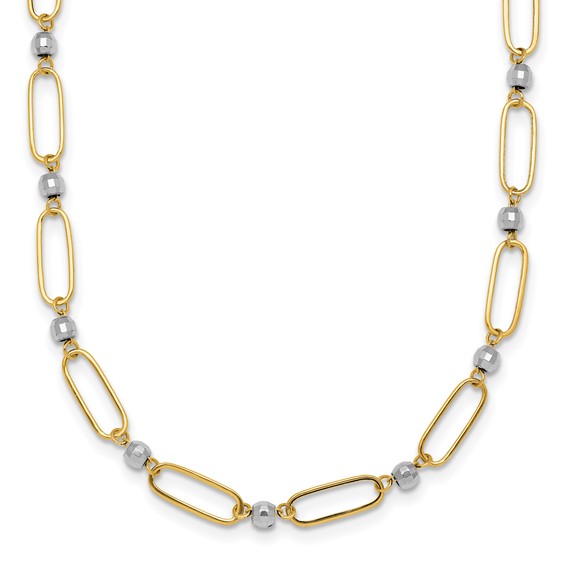 14k Two-tone Polished Paperclip Links and Faceted Beads 18 inch Necklace