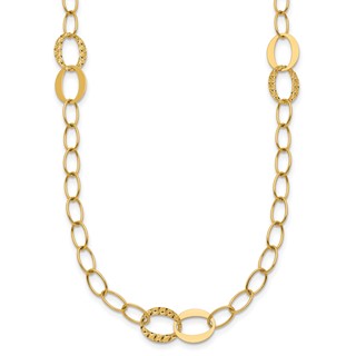 14k Polished and Textured Fancy Oval Link 3-Station 16.75 inch Necklace