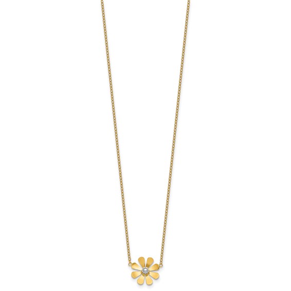 14k Polished Daisy with White Rhodium Center 16 inch Necklace with 2 inch Extender