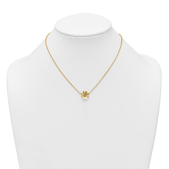 14k Polished Daisy with White Rhodium Center 16 inch Necklace with 2 inch Extender