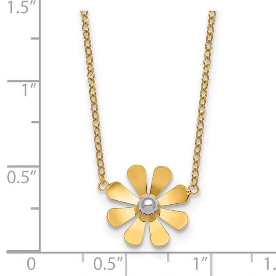 14k Polished Daisy with White Rhodium Center 16 inch Necklace with 2 inch Extender
