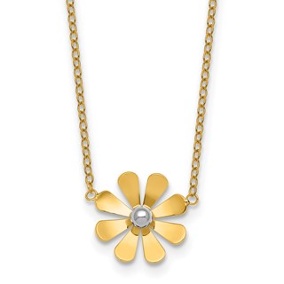 14k Polished Daisy with White Rhodium Center 16 inch Necklace with 2 inch Extender
