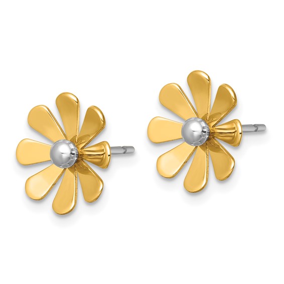 14k Polished Daisy with White Rhodium Center Post Earrings