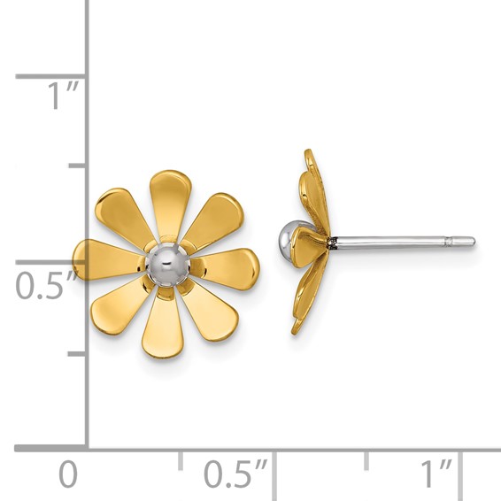 14k Polished Daisy with White Rhodium Center Post Earrings