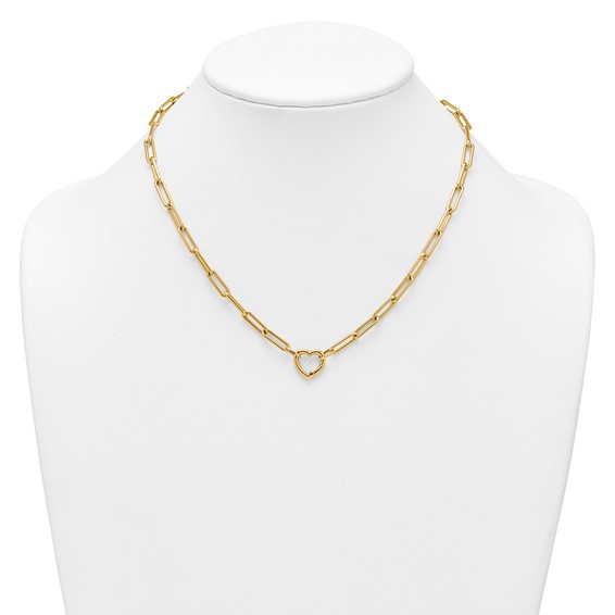 14k Polished Heart Clasp 17.5 inch Paperclip Chain Necklace