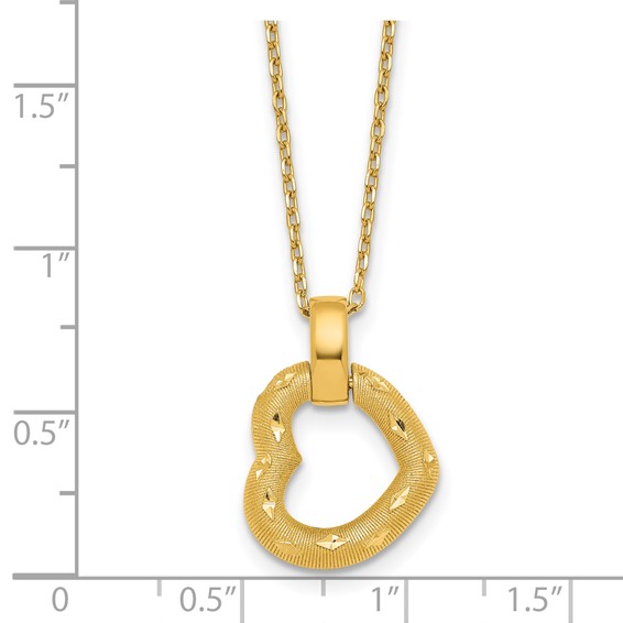 14K Polished Textured and Diamond-cut Fancy Heart Pendant 16 Inch Necklace with 2.25 Inch Extender