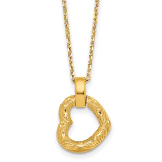 14K Polished Textured and Diamond-cut Fancy Heart Pendant 16 Inch Necklace with 2.25 Inch Extender