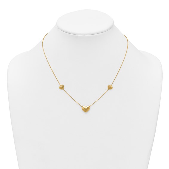 14K Polished Filigree Puffed Heart 3-Station 16 inch Necklace Plus 2 inch Extender