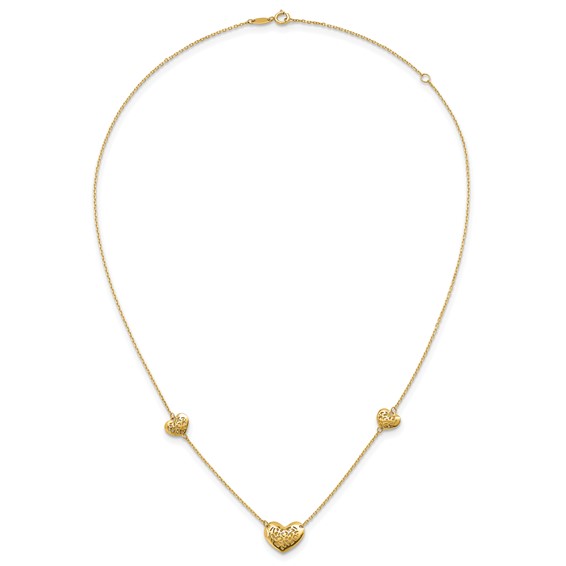 14K Polished Filigree Puffed Heart 3-Station 16 inch Necklace Plus 2 inch Extender