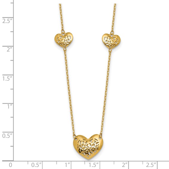 14K Polished Filigree Puffed Heart 3-Station 16 inch Necklace Plus 2 inch Extender