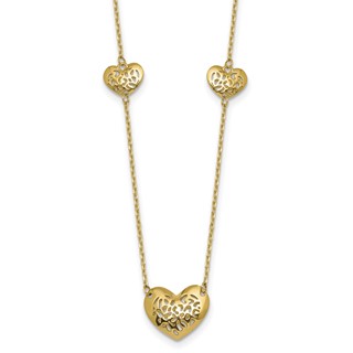 14K Polished Filigree Puffed Heart 3-Station 16 inch Necklace Plus 2 inch Extender