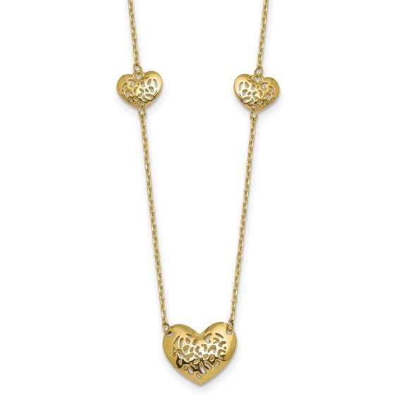 14K Polished Filigree Puffed Heart 3-Station 16 inch Necklace Plus 2 inch Extender