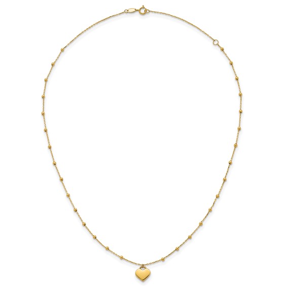 14k Polished Heart Pendant and Beaded Chain 16 inch Necklace Plus 2 inch Extender