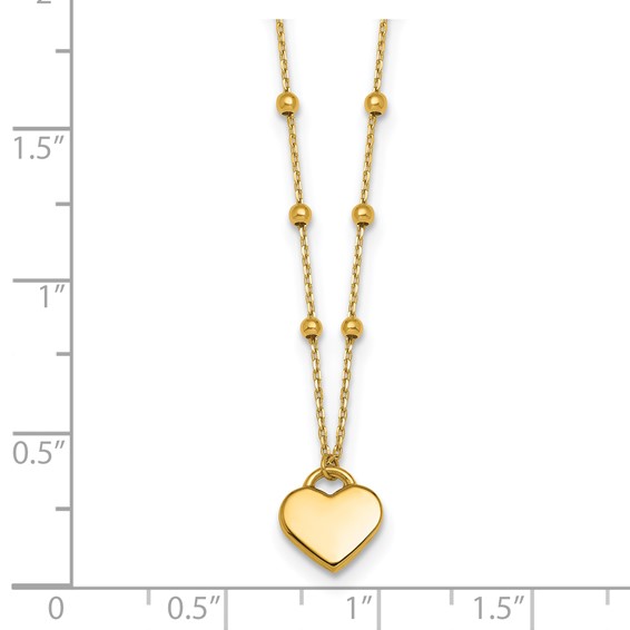 14k Polished Heart Pendant and Beaded Chain 16 inch Necklace Plus 2 inch Extender