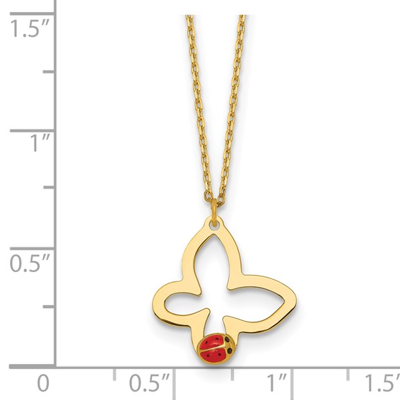 14k Polished Butterfly with Red and Black Enamel Ladybug 15.5 inch Childrens Necklace Plus 0.75 inch Extender